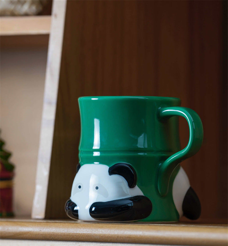 3D Cute Panda Bamboo Shaped Ceramic Coffee Mug, Novelty Animal Sculpted Tea Cup&Drinking Cup, Fun Gift for Panda Lovers