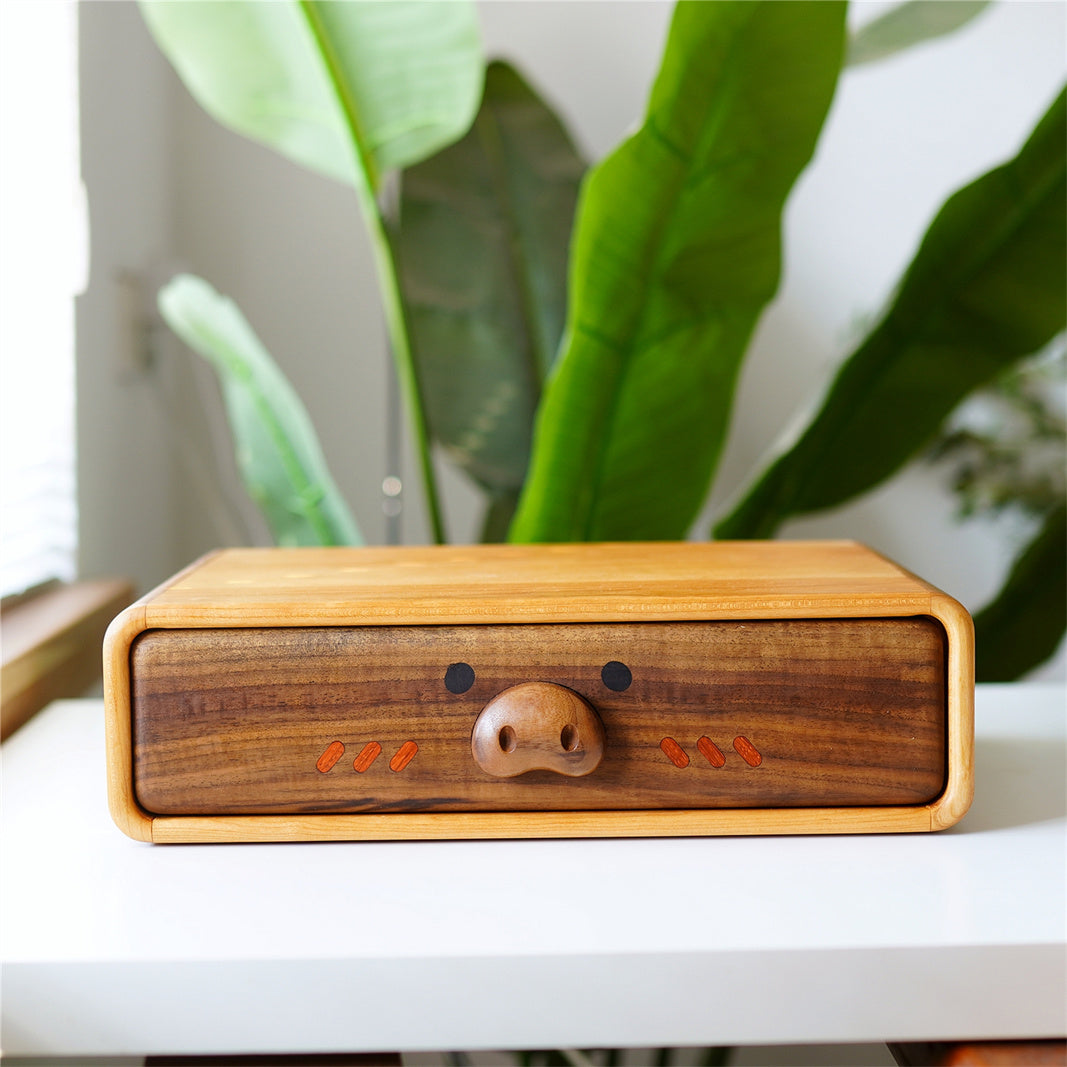 Adorable Animal Drawer Organizer - Wooden Desktop Storage Box with Cute Faces