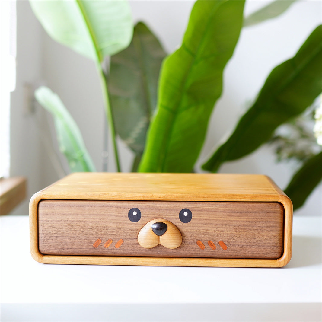 Adorable Animal Drawer Organizer - Wooden Desktop Storage Box with Cute Faces