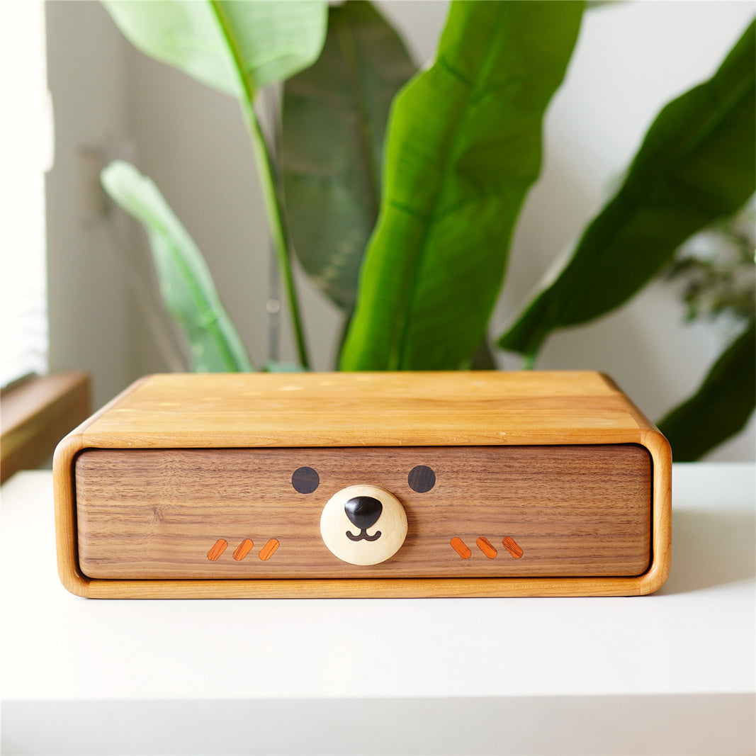 Adorable Animal Drawer Organizer - Wooden Desktop Storage Box with Cute Faces
