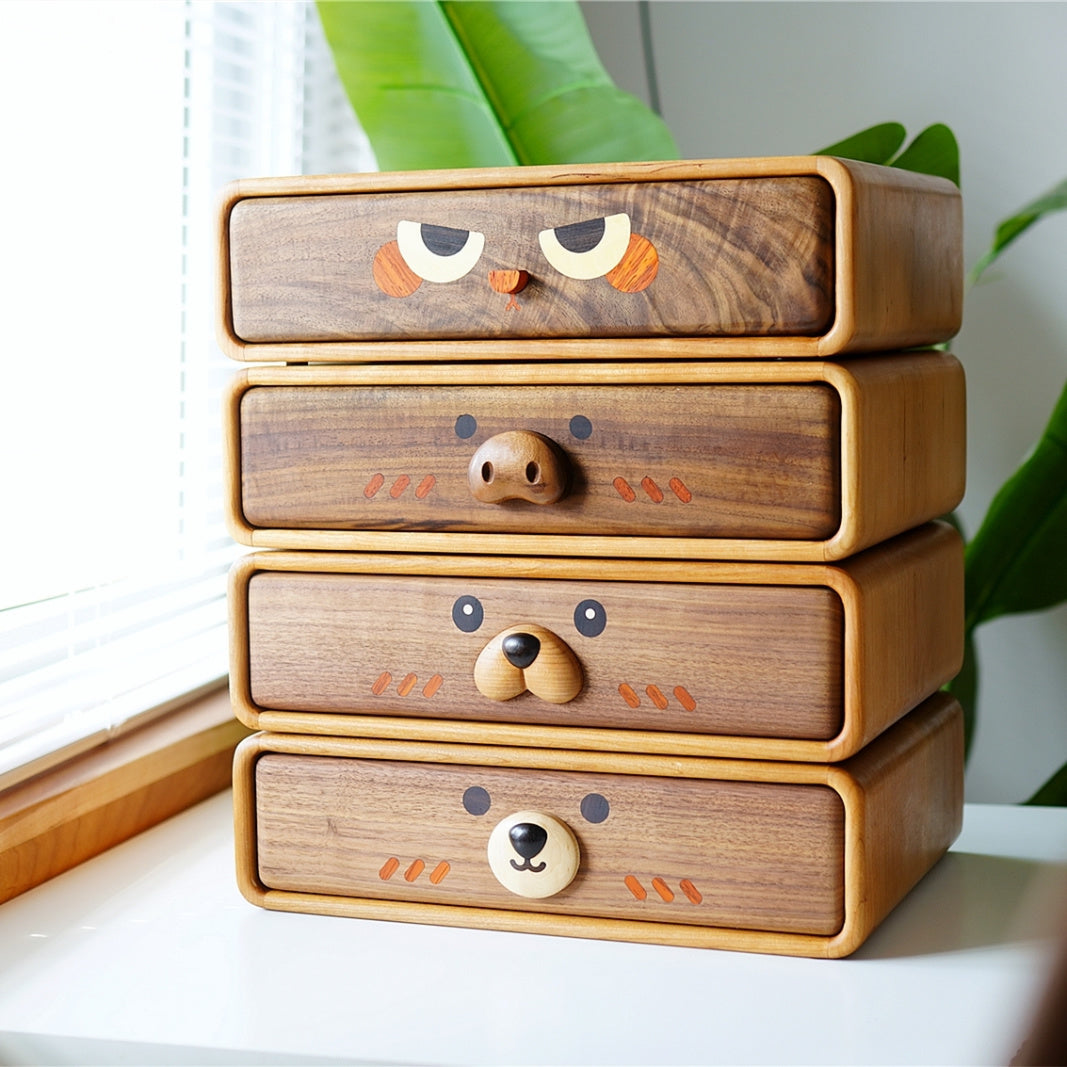 Adorable Animal Drawer Organizer - Wooden Desktop Storage Box with Cute Faces