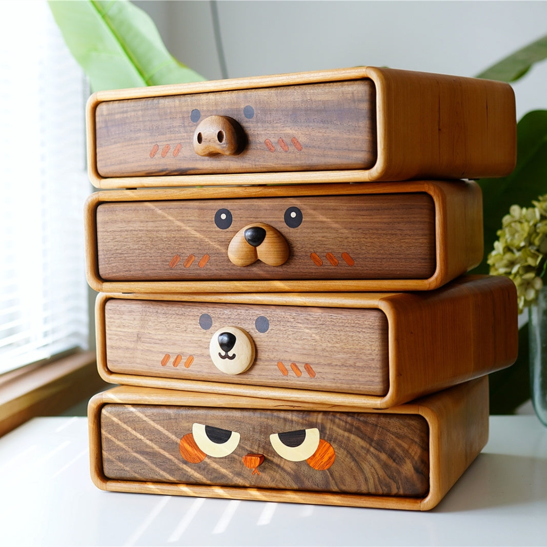 Adorable Animal Drawer Organizer - Wooden Desktop Storage Box with Cute Faces