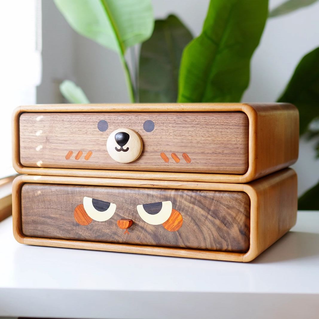 Adorable Animal Drawer Organizer - Wooden Desktop Storage Box with Cute Faces