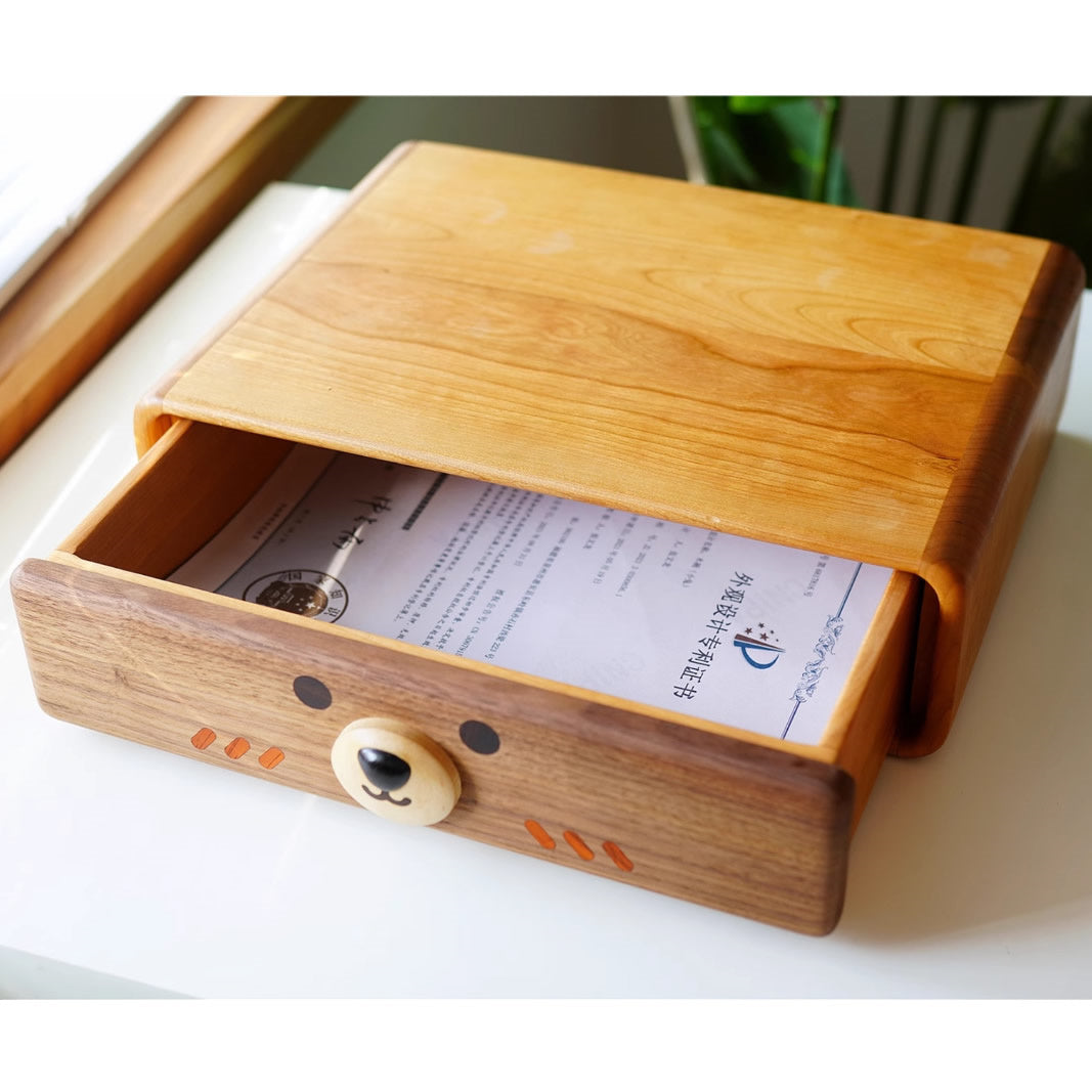 Adorable Animal Drawer Organizer - Wooden Desktop Storage Box with Cute Faces
