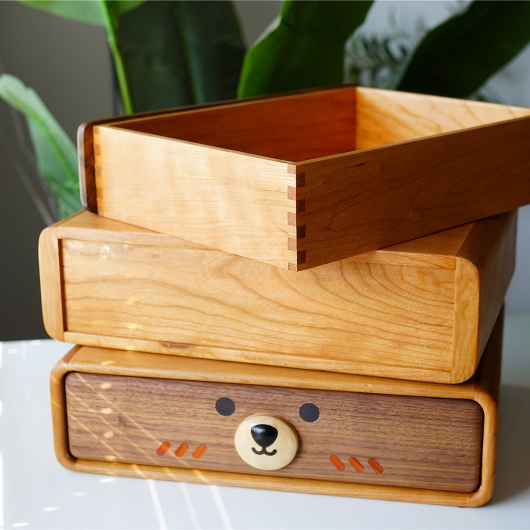 Adorable Animal Drawer Organizer - Wooden Desktop Storage Box with Cute Faces
