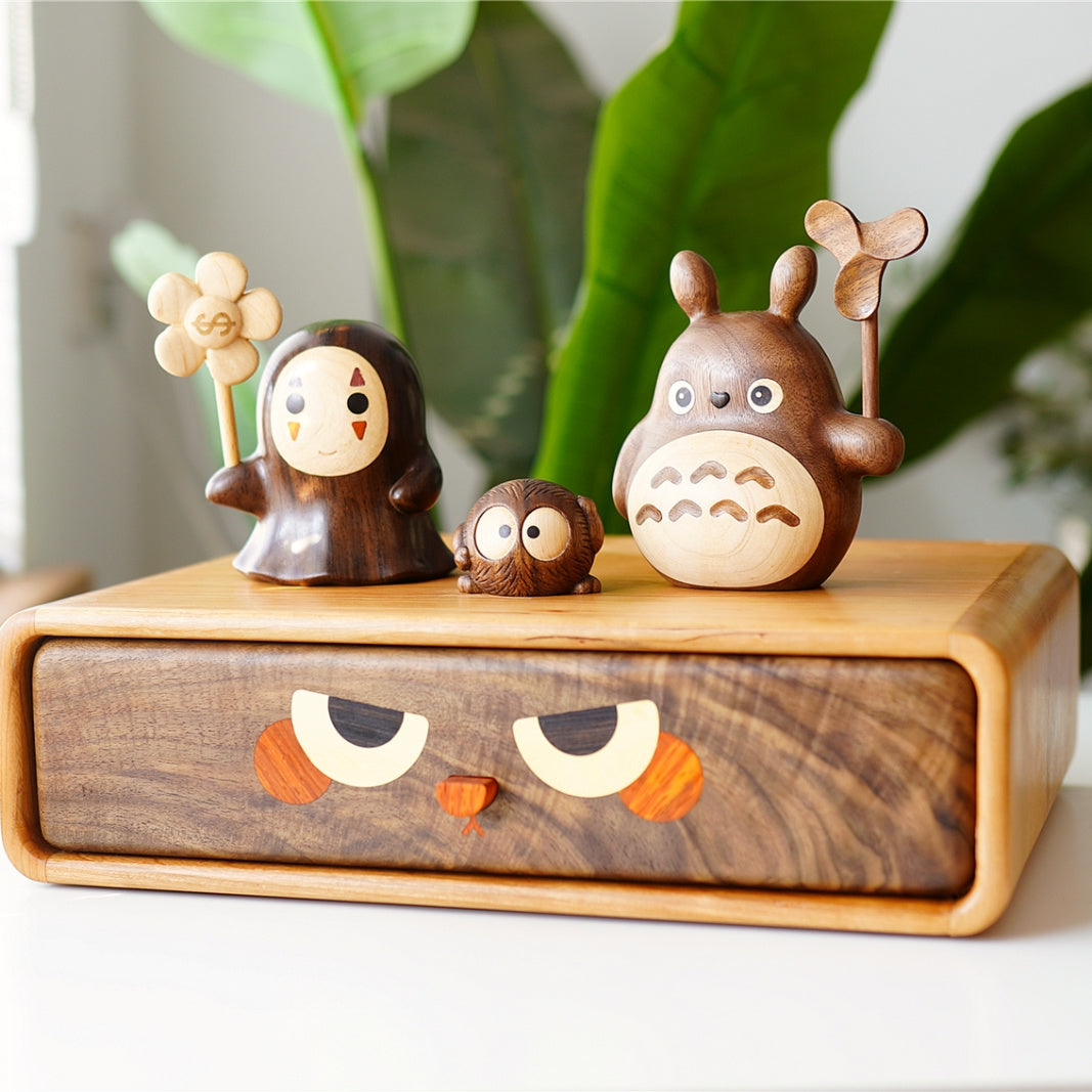 Adorable Animal Drawer Organizer - Wooden Desktop Storage Box with Cute Faces
