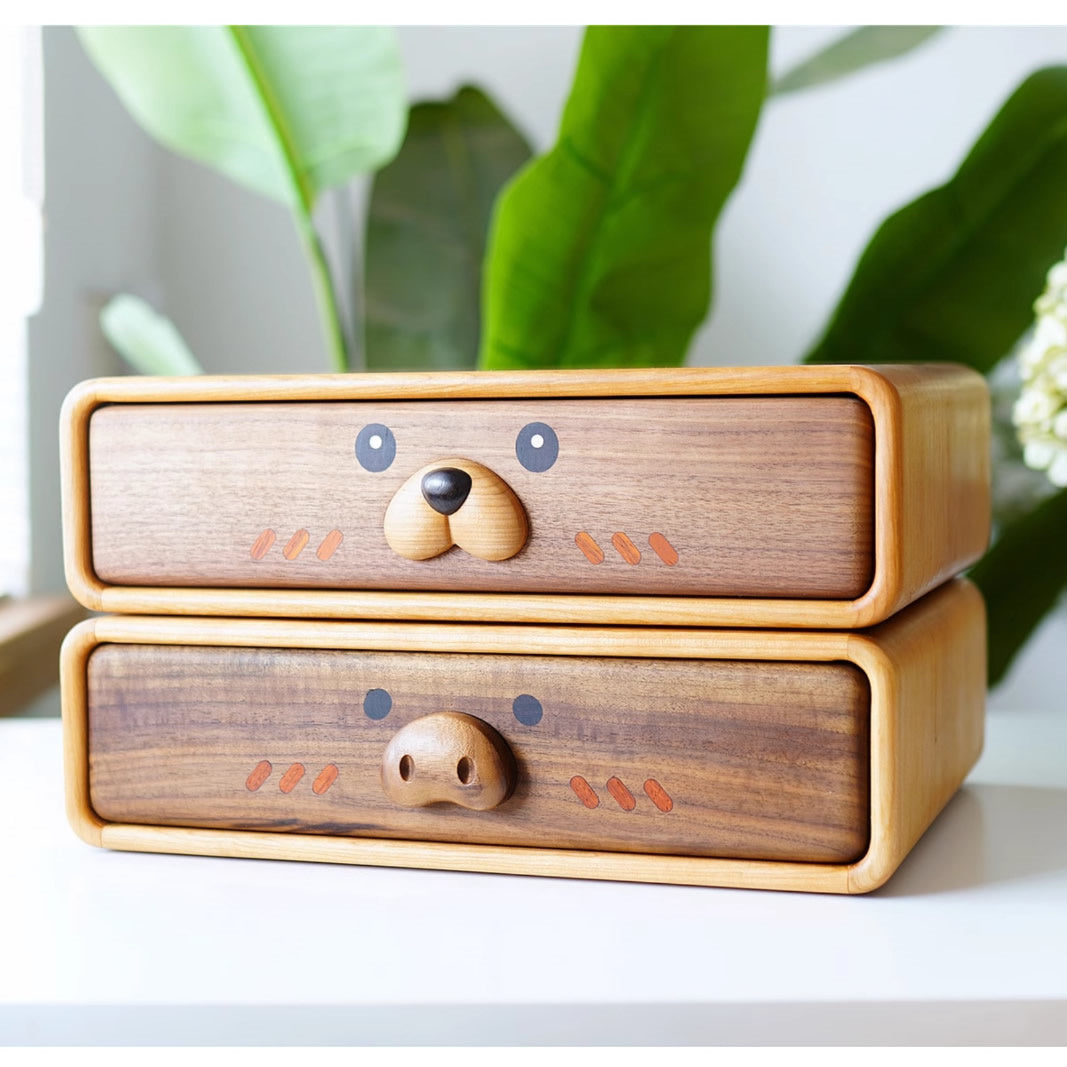 Adorable Animal Drawer Organizer - Wooden Desktop Storage Box with Cute Faces