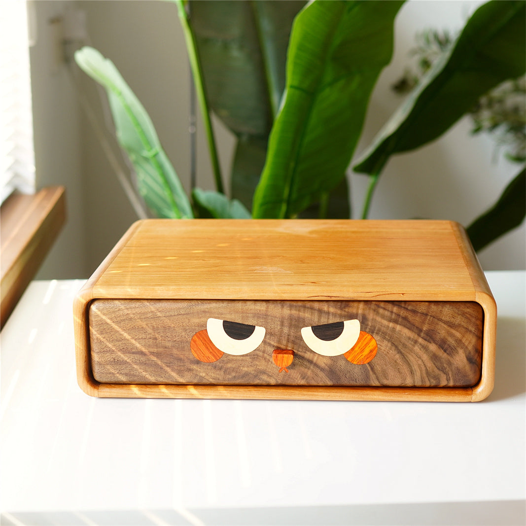 Adorable Animal Drawer Organizer - Wooden Desktop Storage Box with Cute Faces
