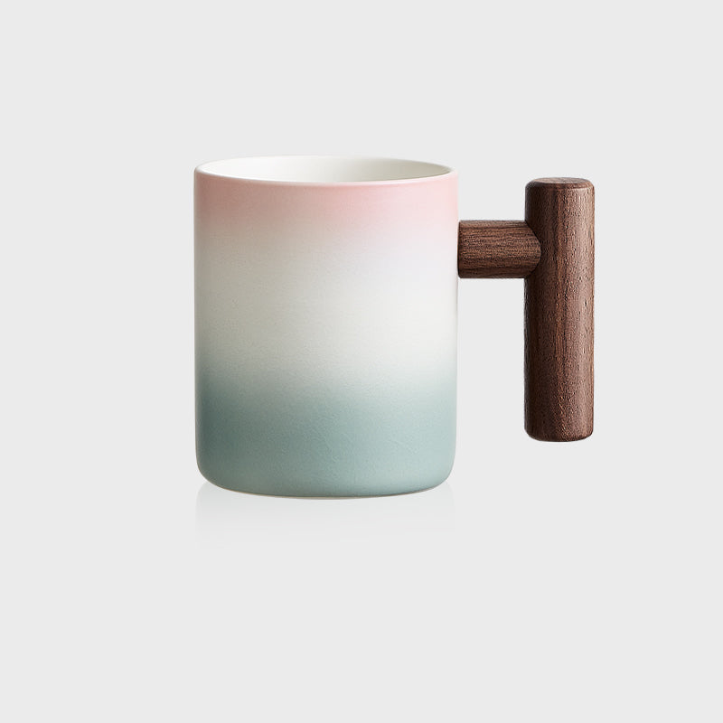 Classic Gradient Ceramic Mug with Wooden Handle - Artistic Elegant Drinkware