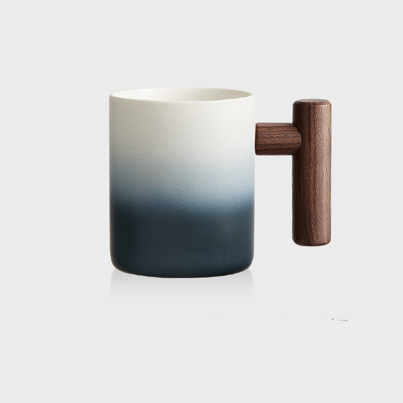 Classic Gradient Ceramic Mug with Wooden Handle - Artistic Elegant Drinkware