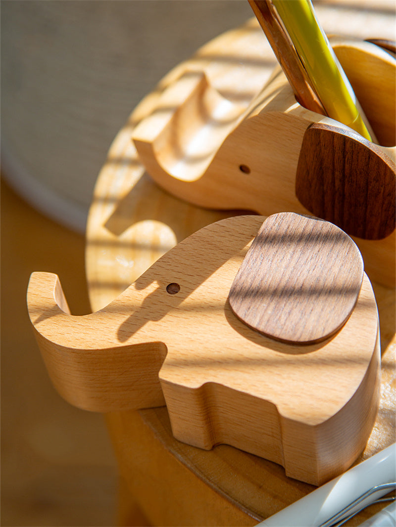 Exquisite Wooden Elephant Pen Holder with Phone Stand - Desk Organizer