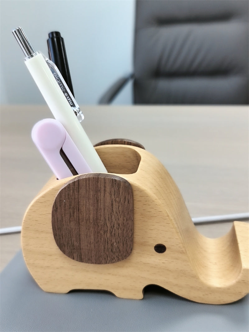 Exquisite Wooden Elephant Pen Holder with Phone Stand - Desk Organizer