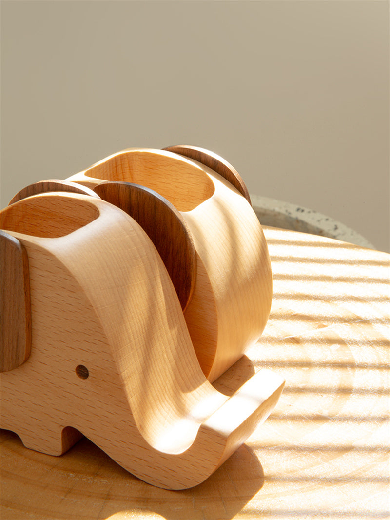 Exquisite Wooden Elephant Pen Holder with Phone Stand - Desk Organizer