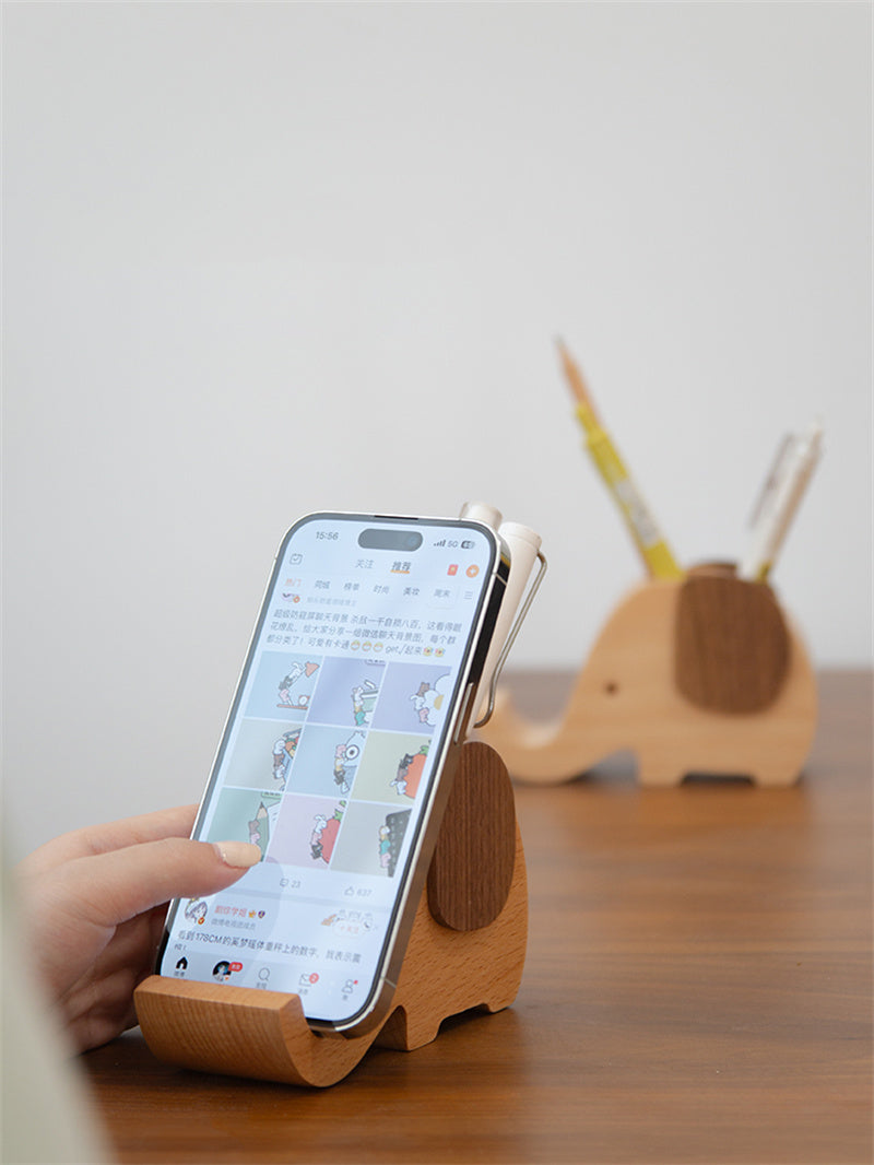 Exquisite Wooden Elephant Pen Holder with Phone Stand - Desk Organizer