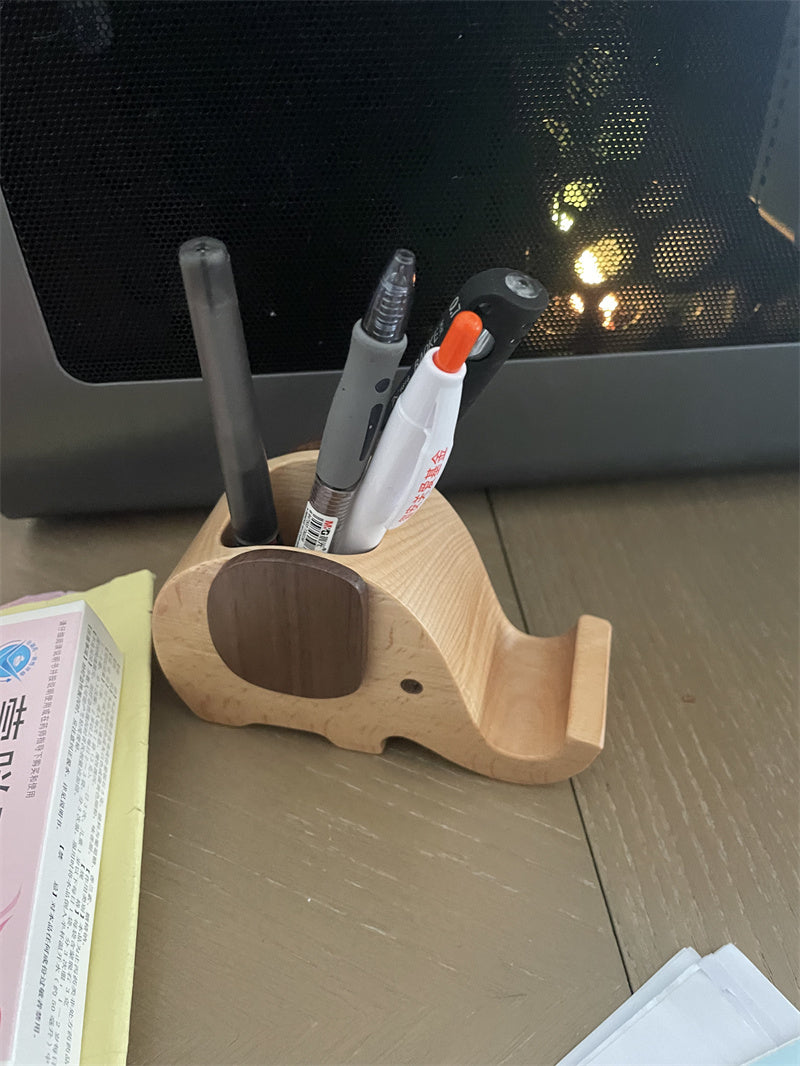Exquisite Wooden Elephant Pen Holder with Phone Stand - Desk Organizer