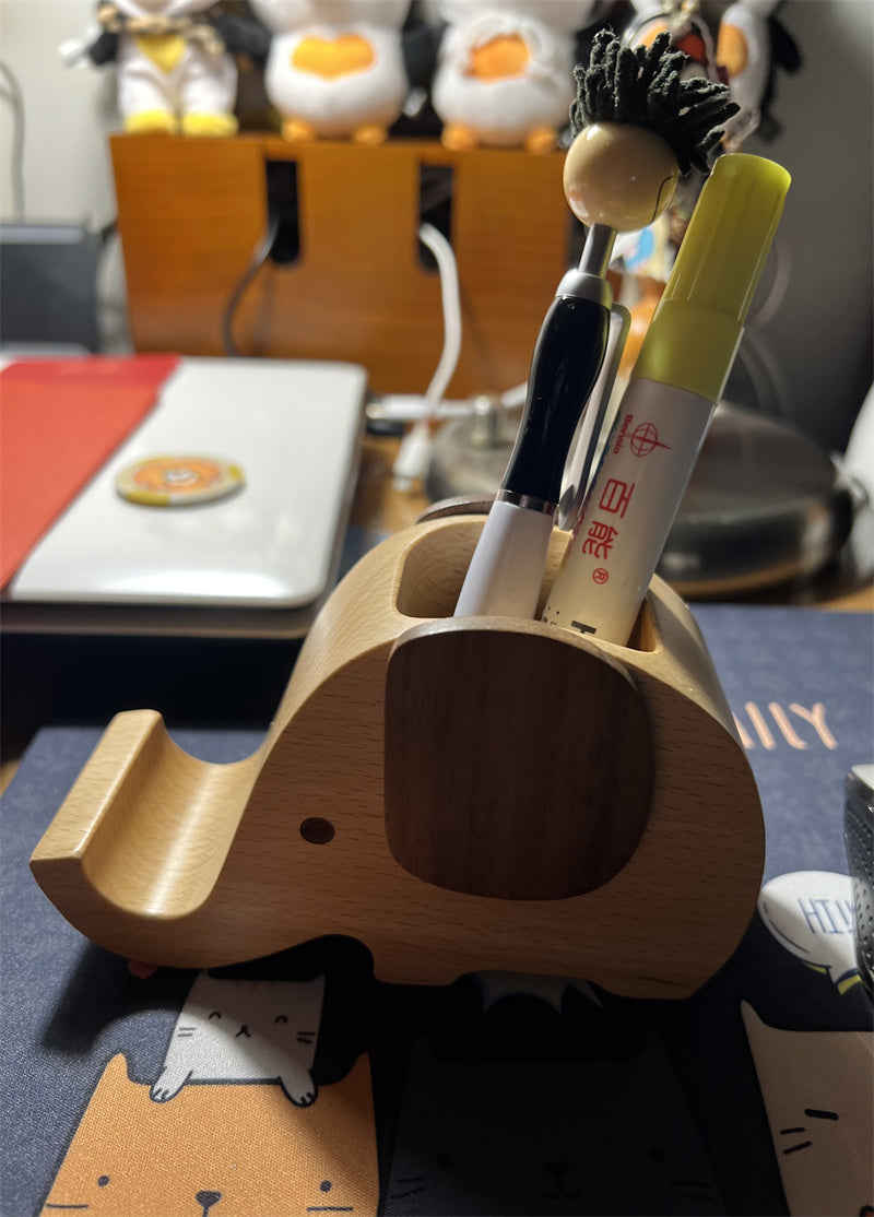 Exquisite Wooden Elephant Pen Holder with Phone Stand - Desk Organizer