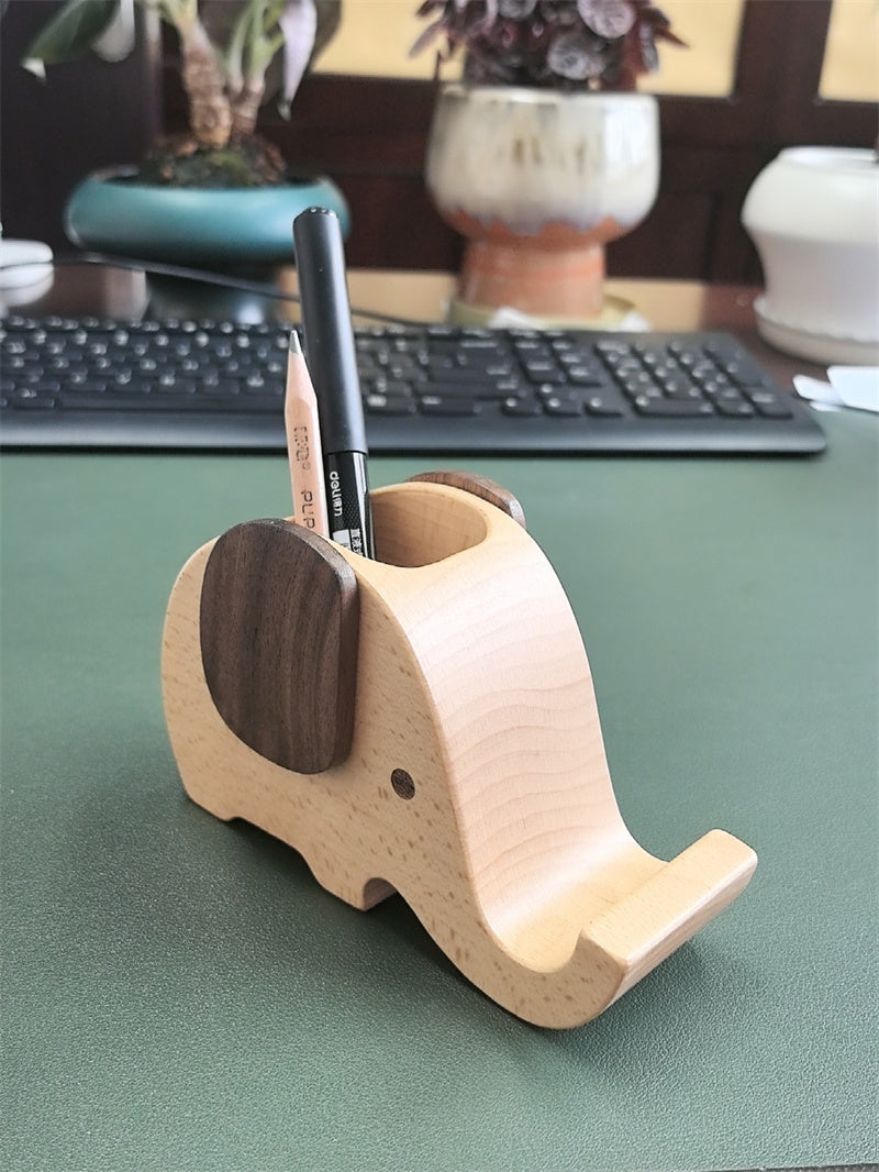 Exquisite Wooden Elephant Pen Holder with Phone Stand - Desk Organizer