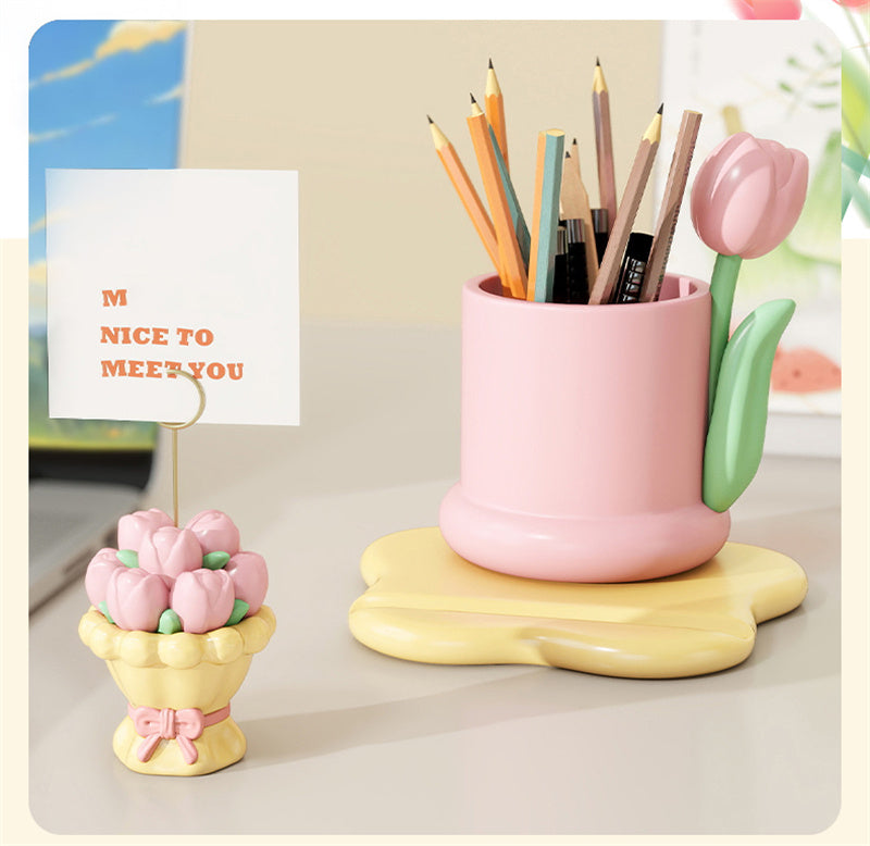 Pink Tulip Desk Organizer - Pen Holder, Phone Stand & Mini Flower Decoration for Cute Workspace Decor