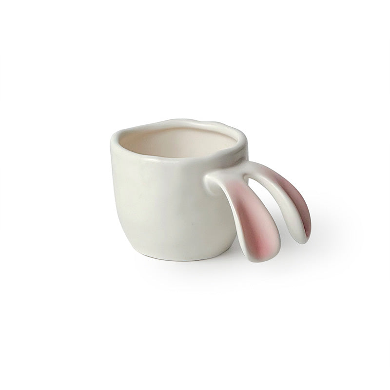 Bunny Ear Ceramic Mug, Minimalist Cute Coffee Cup with Pink Ear Details, Premium Gift for Women