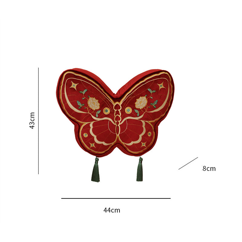 Butterfly Embroidered Throw Pillow, Red & Gold Decorative Cushion with Tassels