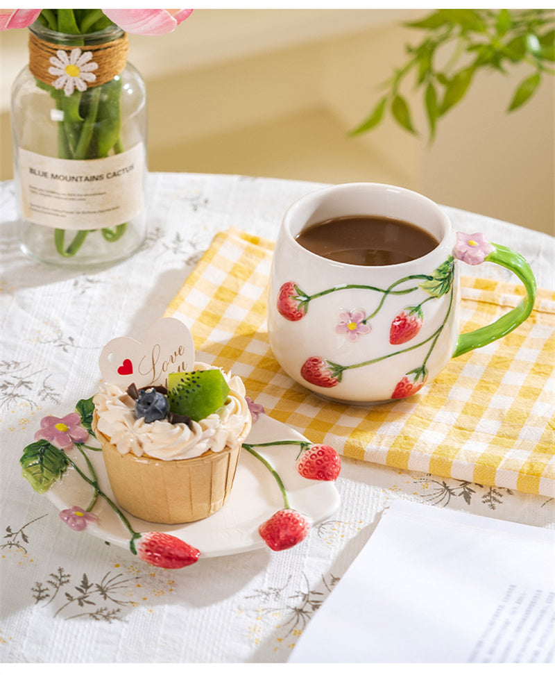 3D Hand-Painted Strawberry Ceramic Cup,Artisanal Tea/Coffee Tableware with Dessert Plate