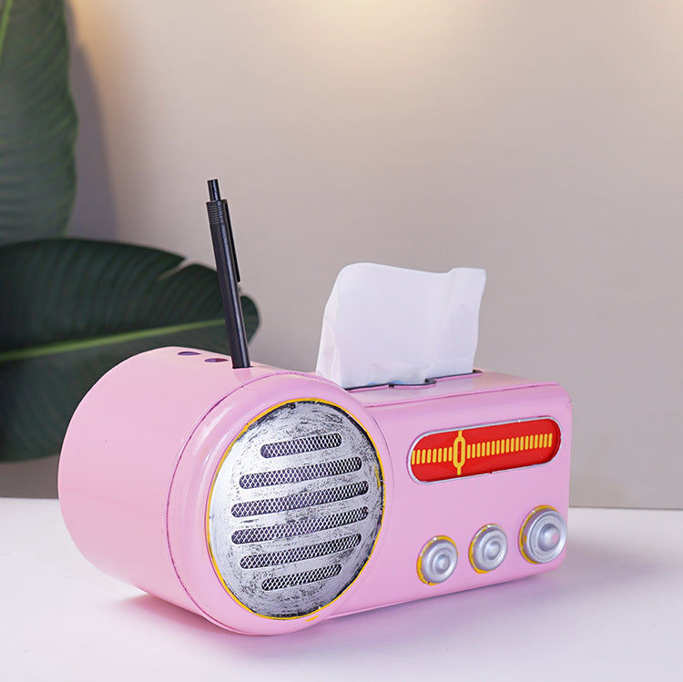 Retro Iron Radio Tissue Box, Office Desk Organizer Pen Holder