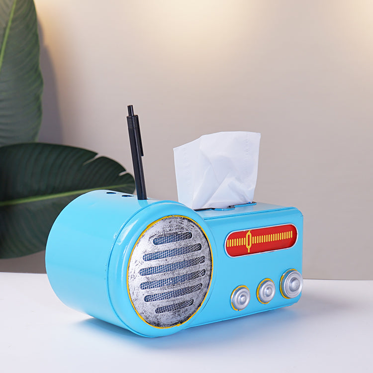 Retro Iron Radio Tissue Box, Office Desk Organizer Pen Holder