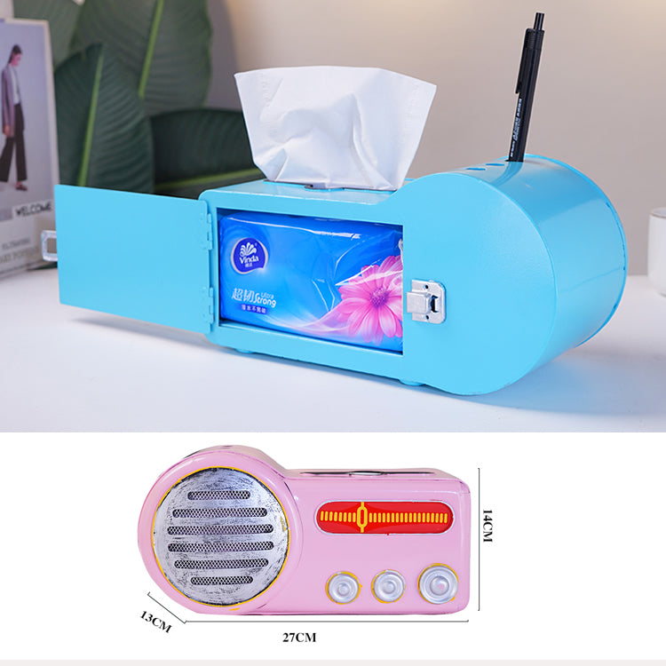 Retro Iron Radio Tissue Box, Office Desk Organizer Pen Holder