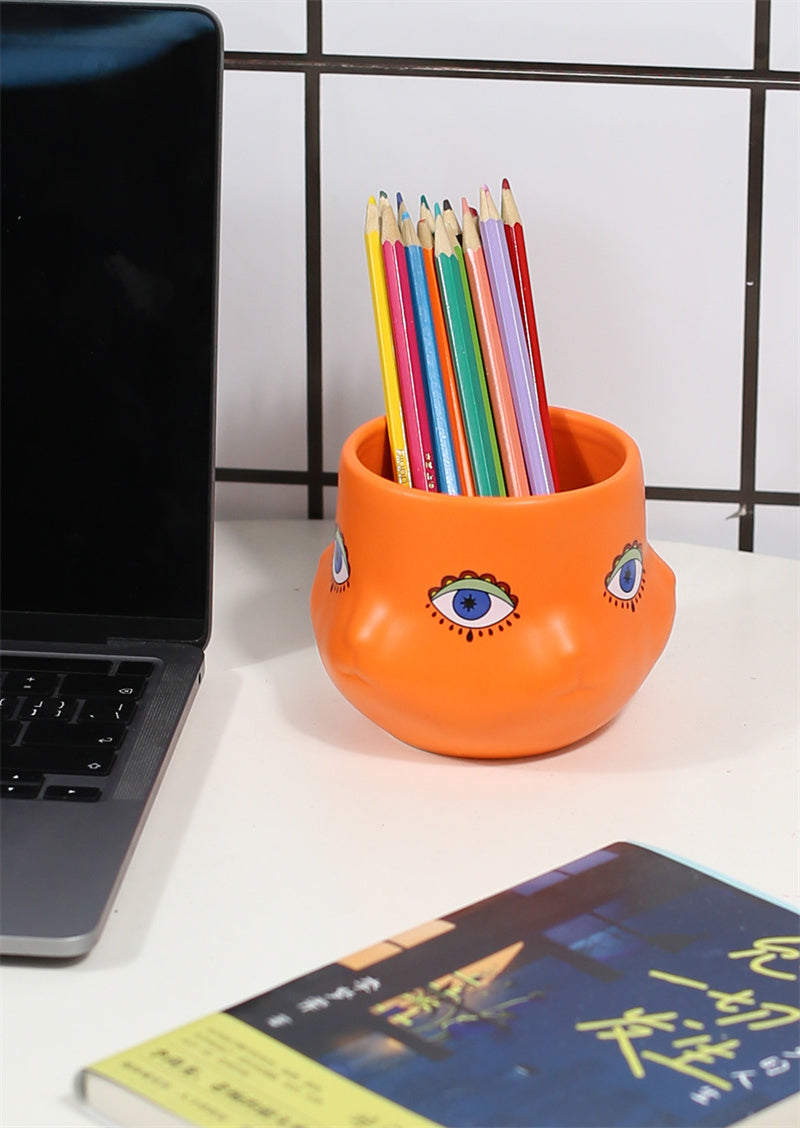 Abstract Art Cat Face Orange Pen Holder - Office Desk Organizer