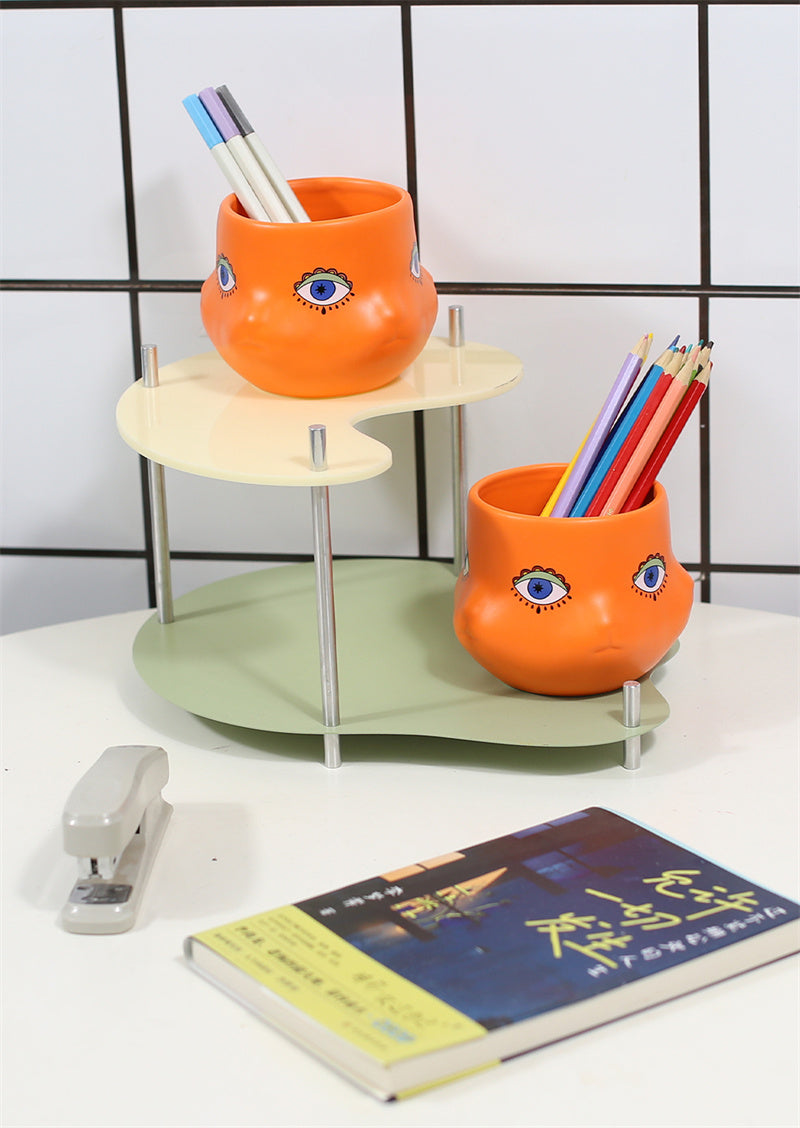 Abstract Art Cat Face Orange Pen Holder - Office Desk Organizer