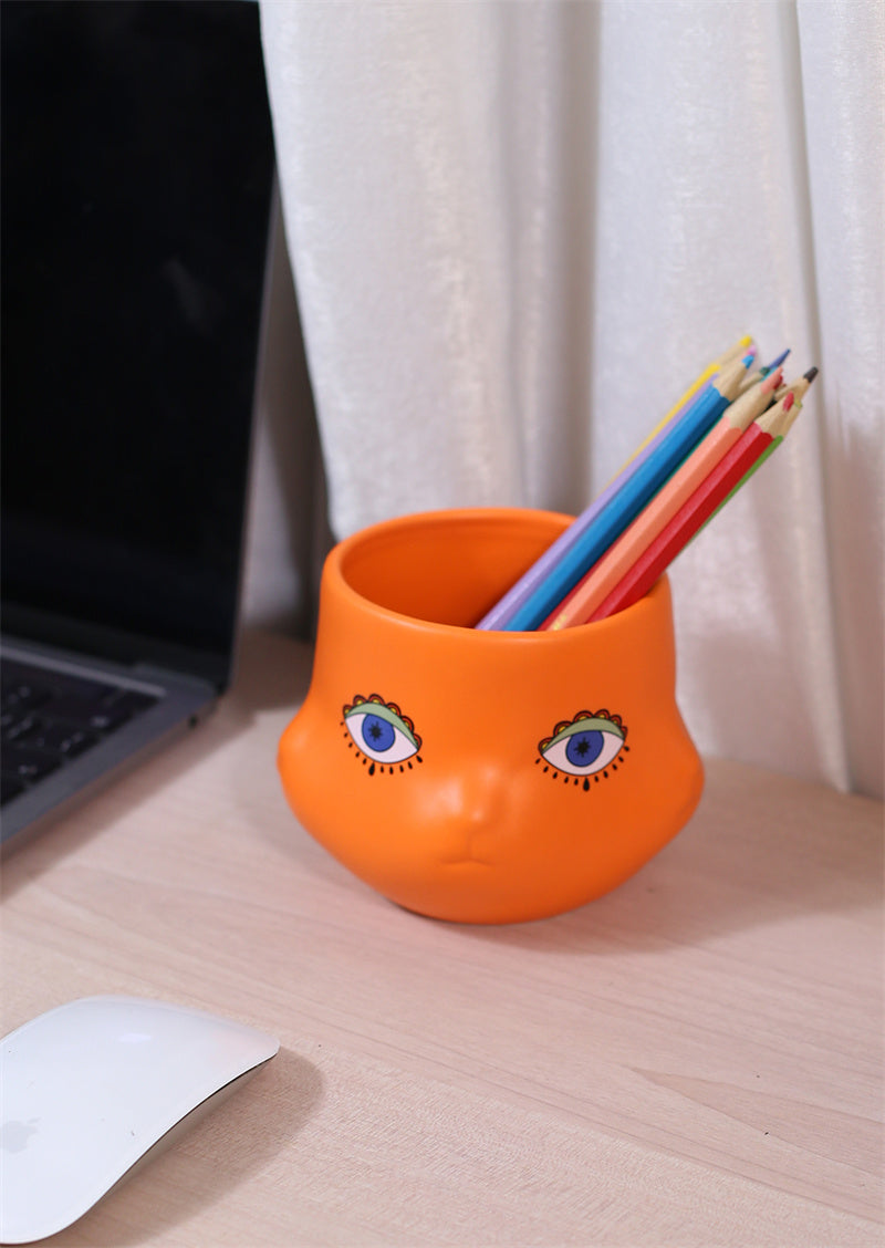 Abstract Art Cat Face Orange Pen Holder - Office Desk Organizer