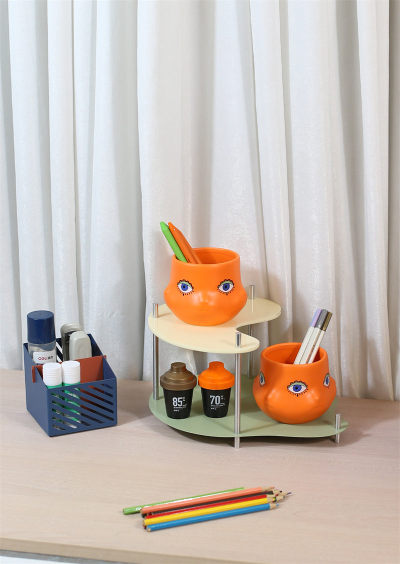 Abstract Art Cat Face Orange Pen Holder - Office Desk Organizer