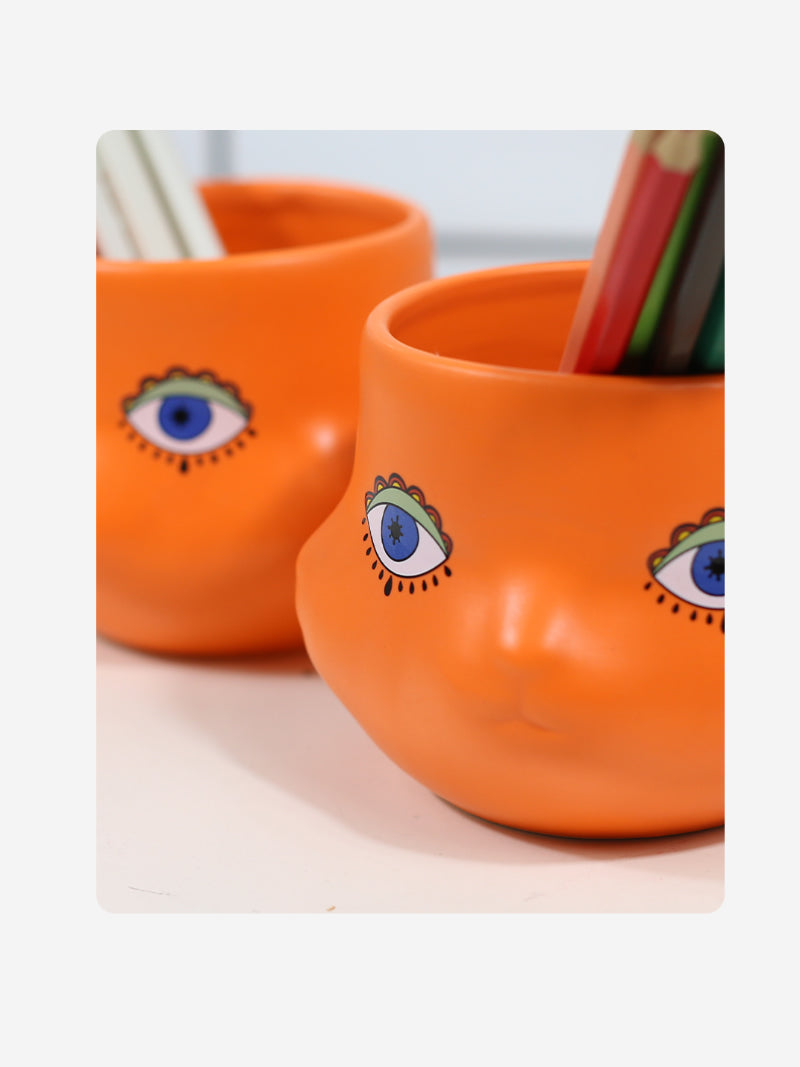 Abstract Art Cat Face Orange Pen Holder - Office Desk Organizer