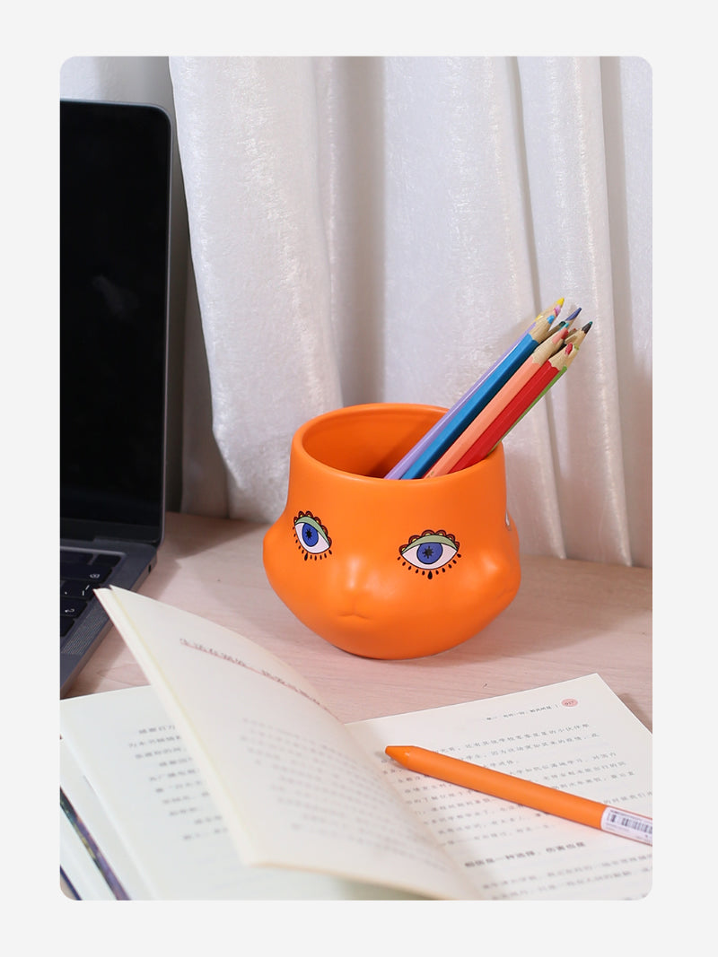 Abstract Art Cat Face Orange Pen Holder - Office Desk Organizer
