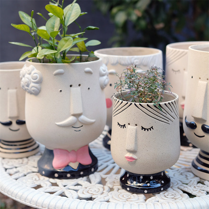 Abstract Human Face Ceramic Flower Pots - For Home & Office, Artistic Desk Decor Sculptural