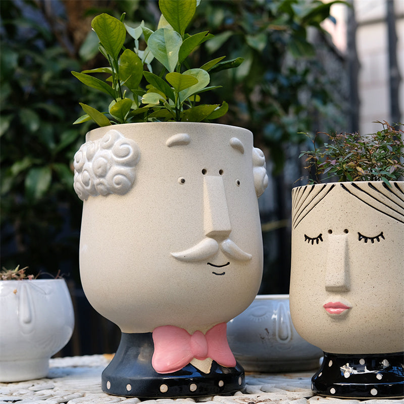 Abstract Human Face Ceramic Flower Pots - For Home & Office, Artistic Desk Decor Sculptural