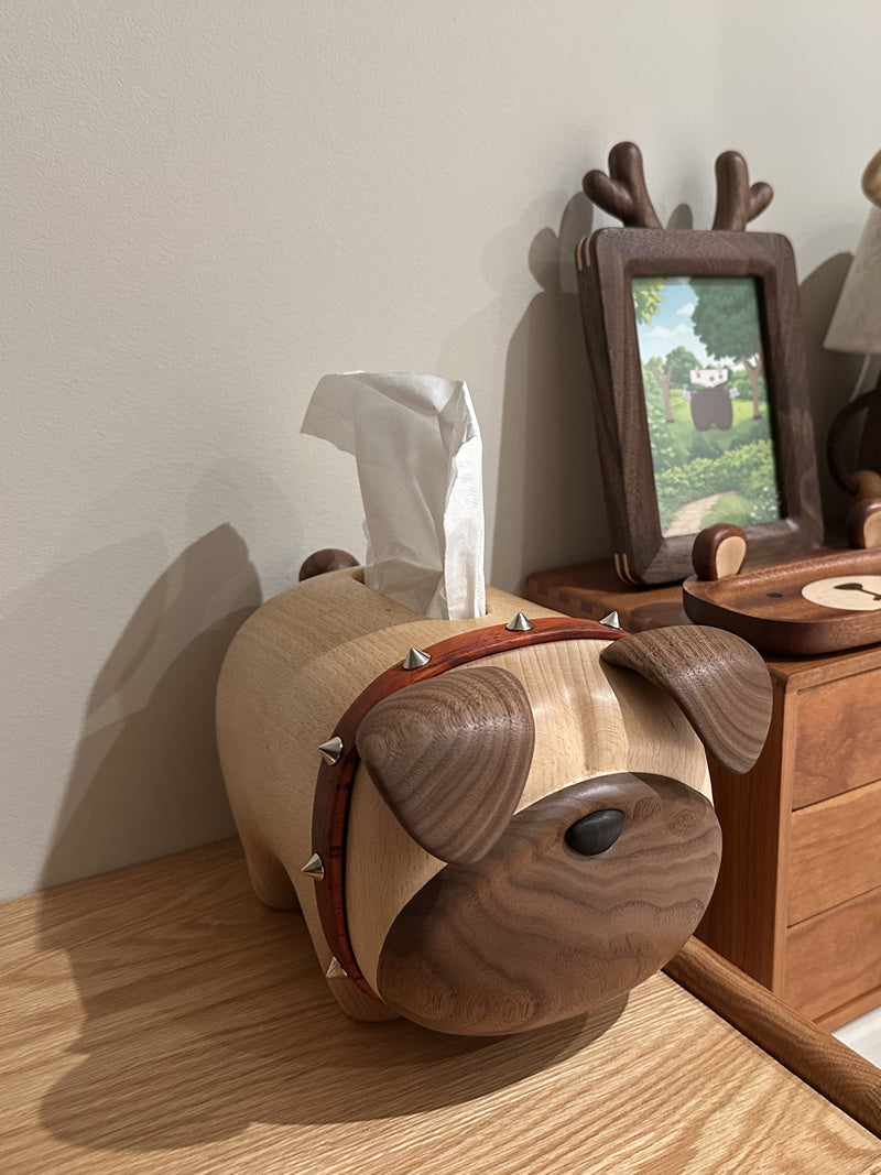 Amazing Bulldog Wooden Tissue Box - Solid Wood Dog Desktop Artistic Decorative Ornaments