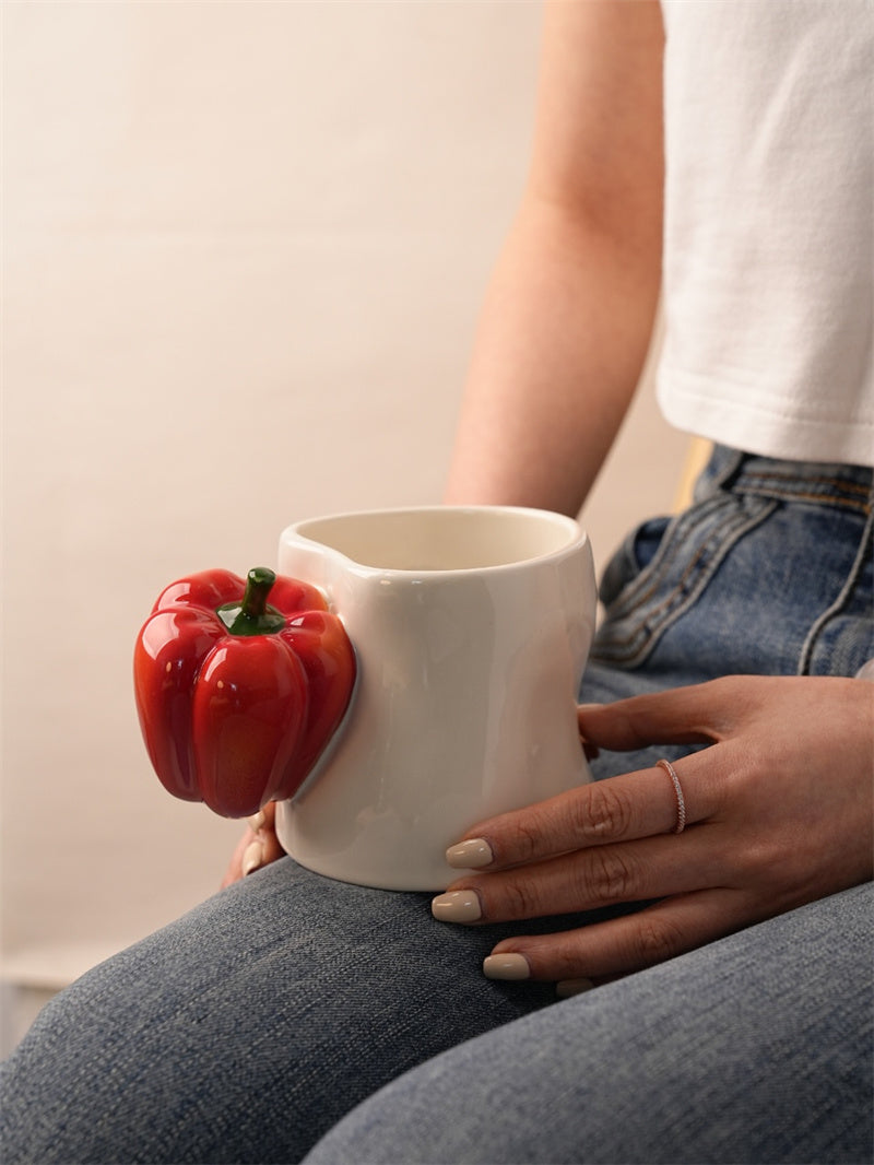 Artistic Vegetable-Handle Ceramic Mug - Rustic Farmhouse Coffee Cup