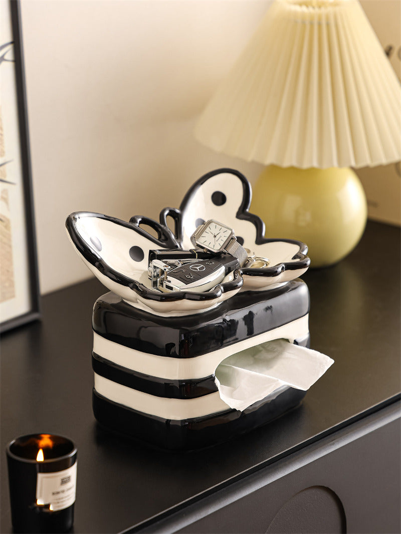 Beautiful Butterfly Ceramic Tissue Box Holder with Tray on Top,Retro Tabletop Home Decor for Living Room Bathroom