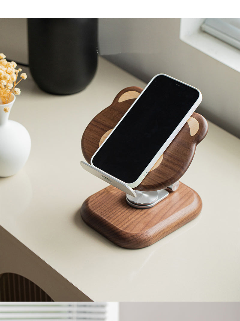 Black Walnut Bear Ipad Stand, Wooden Phone Holder ,Foldable Rotatable