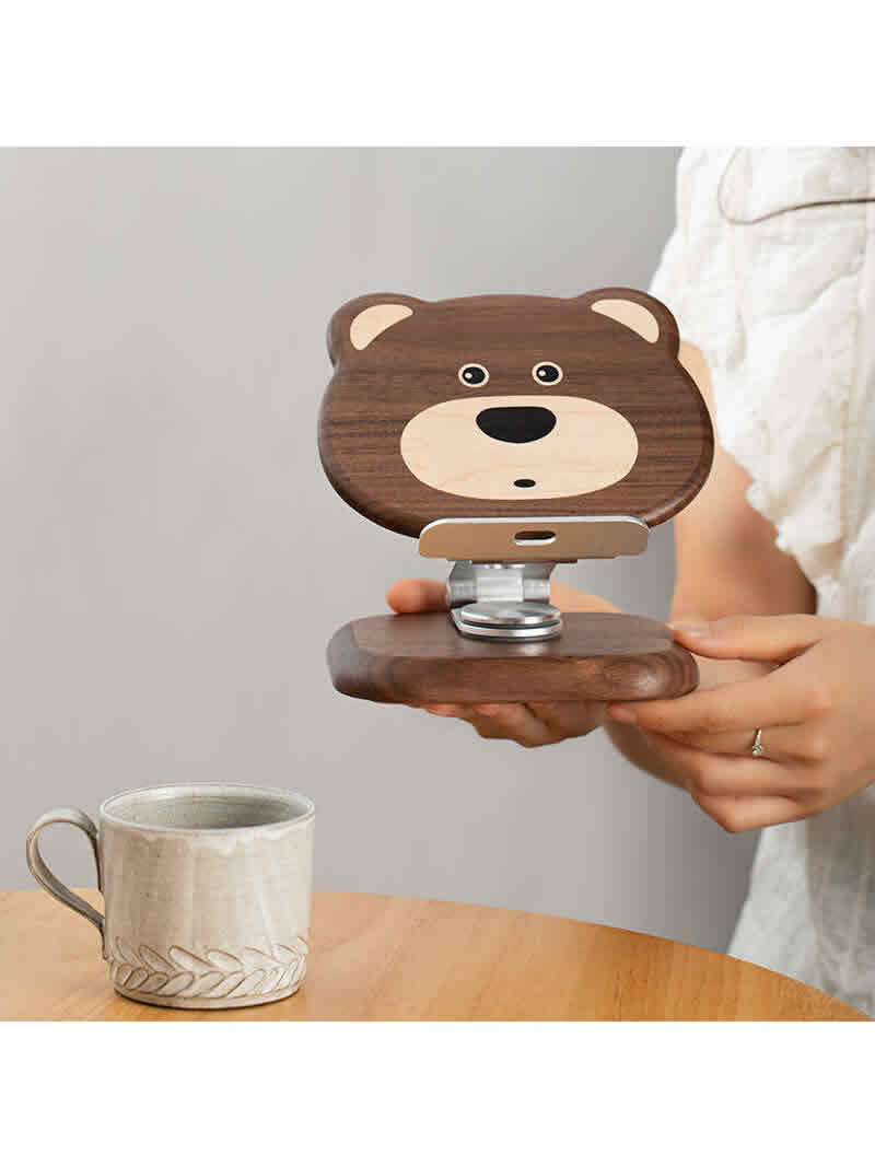 Black Walnut Bear Ipad Stand, Wooden Phone Holder ,Foldable Rotatable