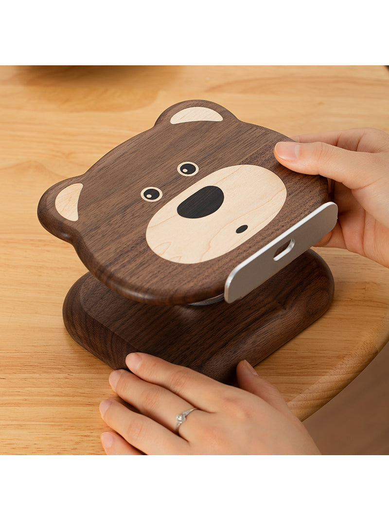 Black Walnut Bear Ipad Stand, Wooden Phone Holder ,Foldable Rotatable