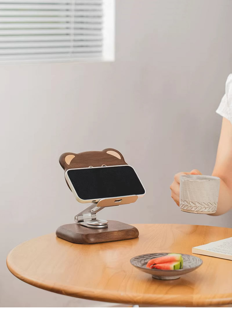 Black Walnut Bear Ipad Stand, Wooden Phone Holder ,Foldable Rotatable