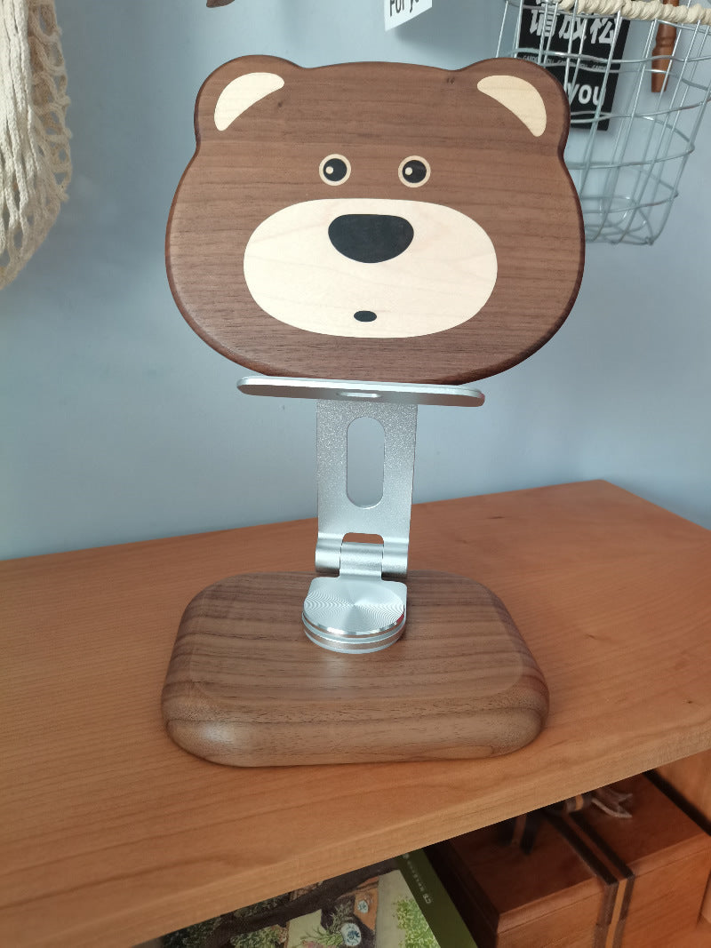 Black Walnut Bear Ipad Stand, Wooden Phone Holder ,Foldable Rotatable