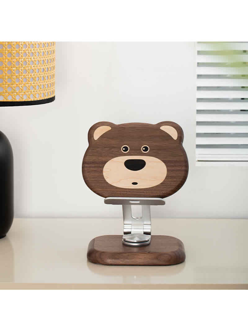 Black Walnut Bear Ipad Stand, Wooden Phone Holder ,Foldable Rotatable