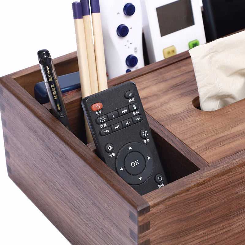 Wooden Storage Box, Tissue Box, Multifunctional Black Walnut Desktop Organizer
