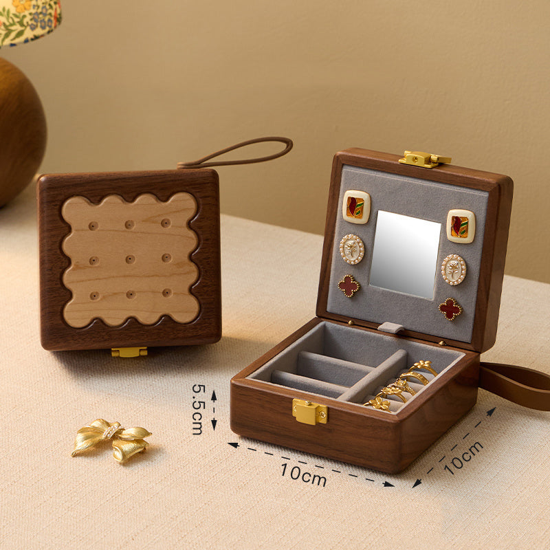 Black Walnut Wood Biscuit - Shaped Jewelry Box, Portable Travel Jewelry Organizer with Mirror