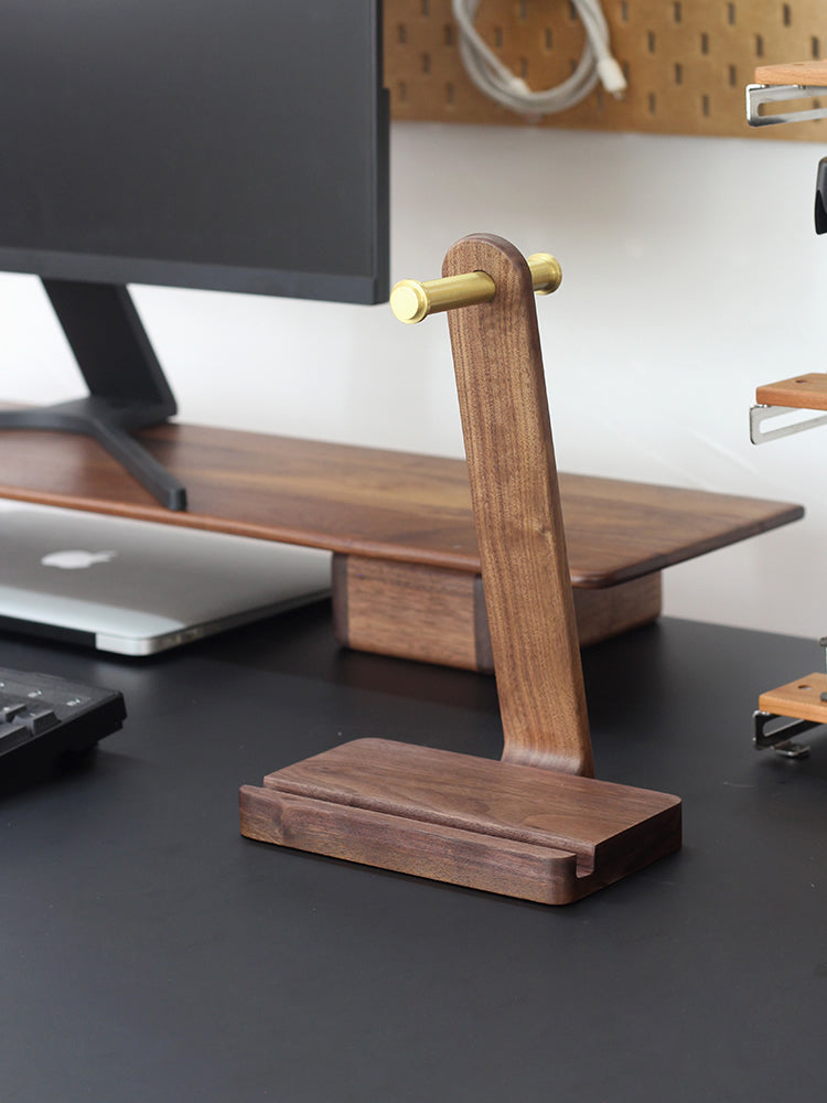 Black Walnut Wood Brass Headphone Stand with Phone Holder Slot