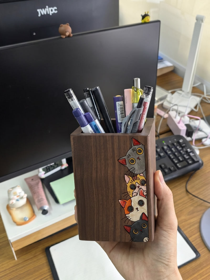 Black Walnut Wood Pen Holder, Hand‑Carved Cute Cat Pattern Square Desktop Organization for Office Desk Decor