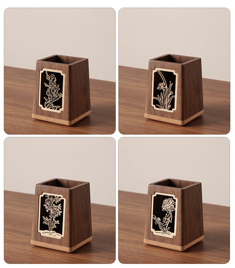 Black Walnut Wood Pen Holder with Plum Blossom Carving, Creative Desk Organizer